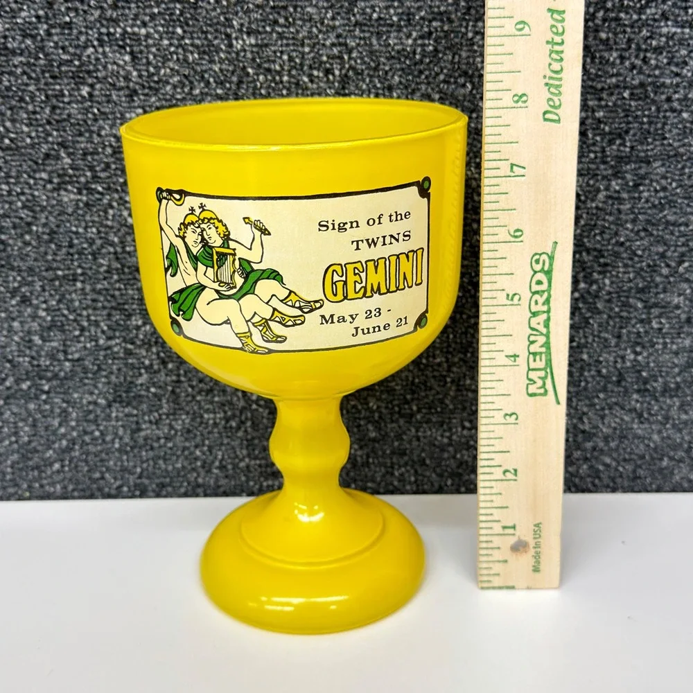 Vtg Gemini Zodiac Sign of the Twins Glass Goblet Yellow Chalice Astrology Retro
